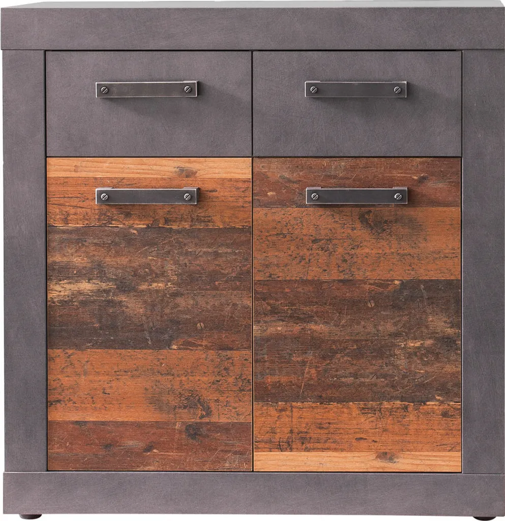Commode Indy style vieux bois chêne gris avec tiroirs et placards
