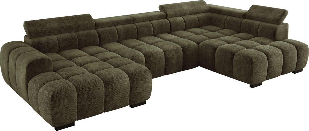 DomoHome Modern Großes U‐Förmiges Ecksofa Stoff EDEN Grün Rechte Seite 393×205×97 cm – Verstellbare Kopfstützen, Schlaf‐Optional, Minim...