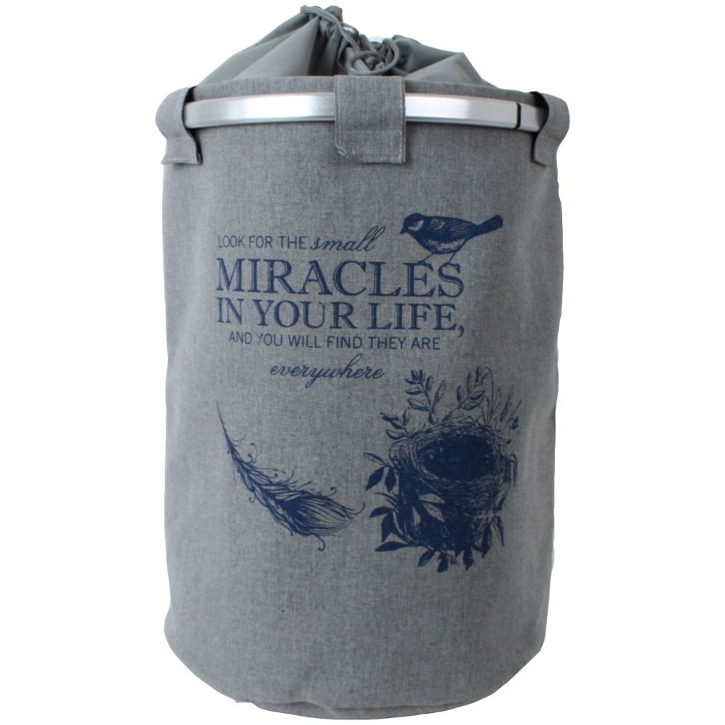 teprovo Wäschekorb Wäschesammler Wäschesack Schmutzwäsche Korb Leine Motiv Miracles 60 L Kleideraufbewahrung Leinenoptik mit Deckel Kordelzug grau