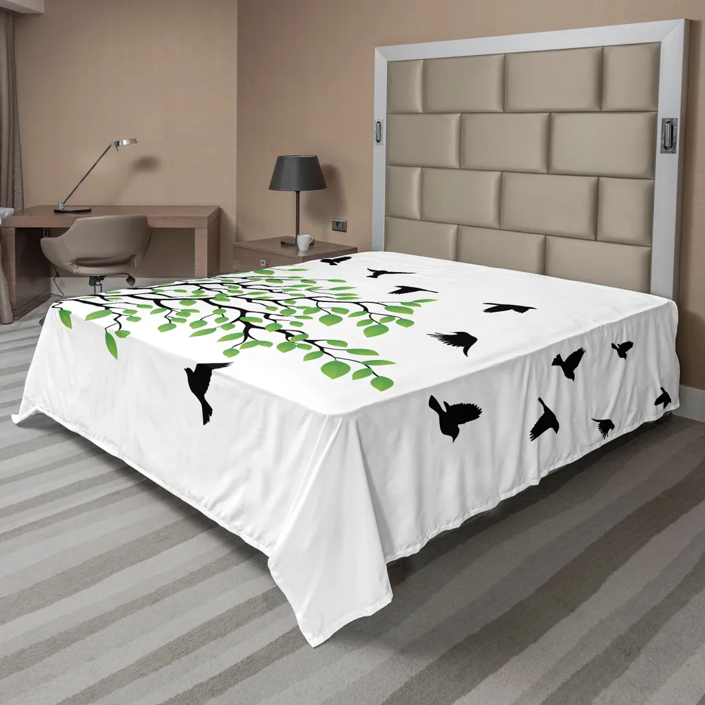 Grand drap de lit doux Motif Arbre et Oiseau 275x260cm Vert et Blanc