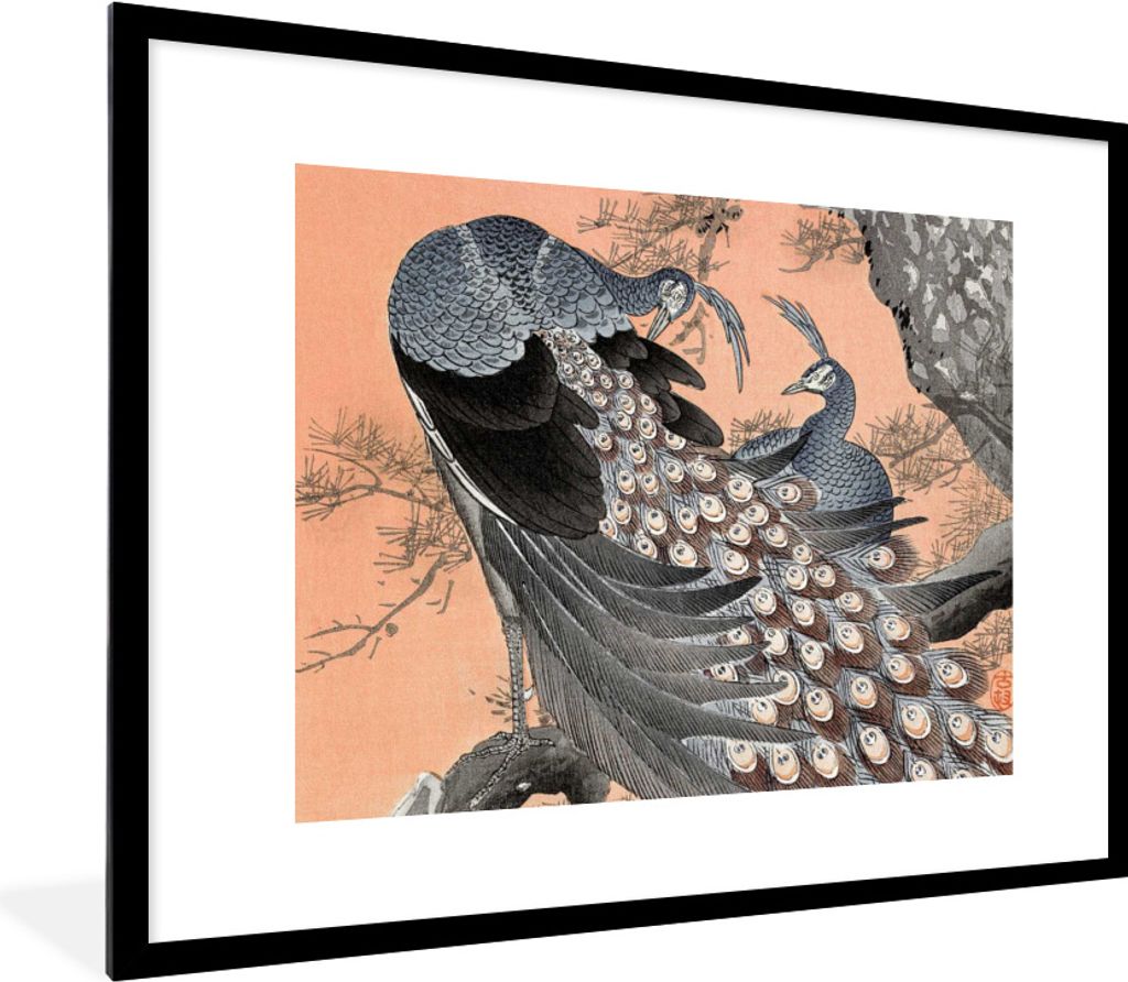 MuchoWow Gerahmtes Poster Federn - Pfau - Vintage - Japanisch 80x60 cm - Poster mit Schwarzem Bilderrahmen Wandposter Rahmen Foto Bilder - Schlaf...