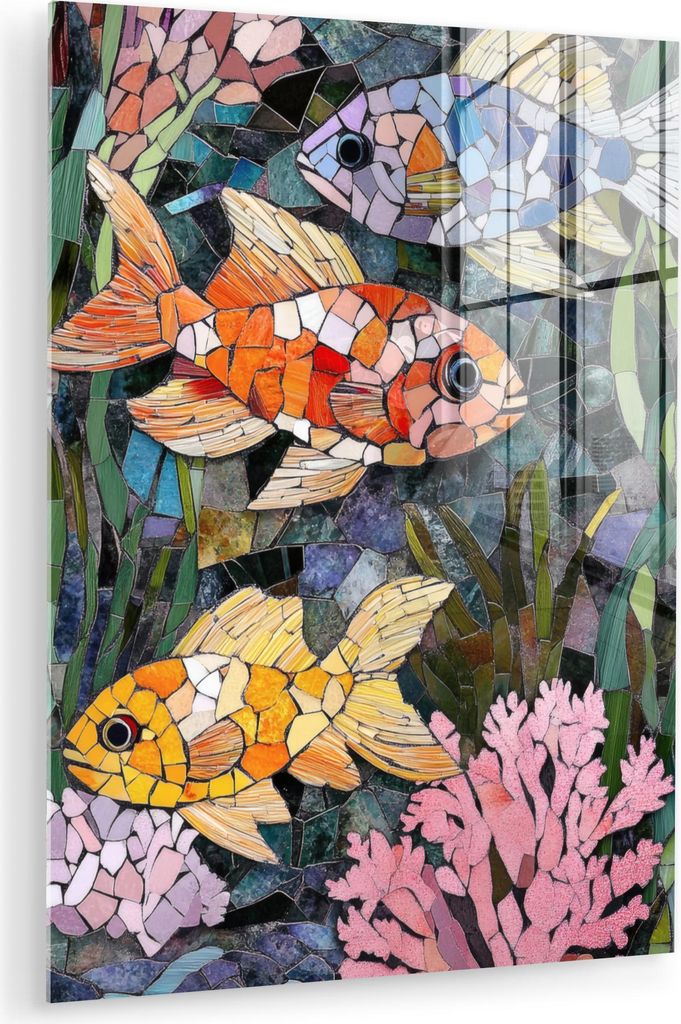 MuchoWow Glasbilder - Bilder auf Wandbild - Foto auf Glas Fisch - Koralle - Meer - Mosaik 30x40 cm Wanddekoration aus Glas - Acrylglasbild - Acrylb...
