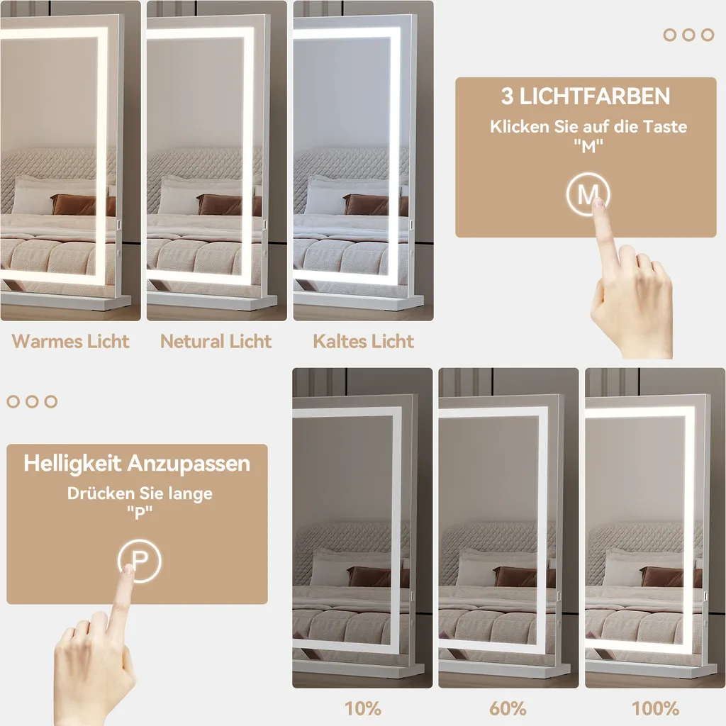Miroir de Maquillage LED 3 Couleurs d'Éclairage à Intensité Variable