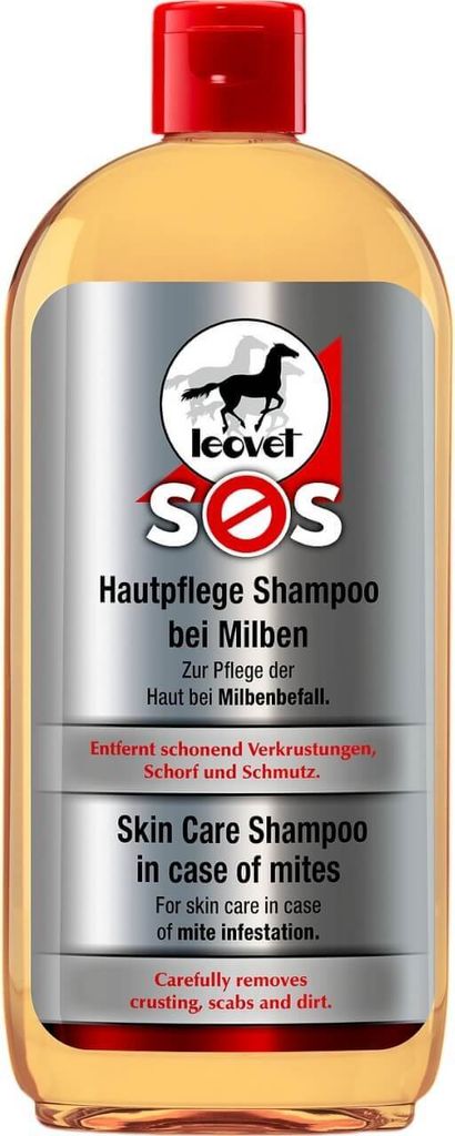 A bottle of Leovet SOS Skin Care Shampoo for mites.