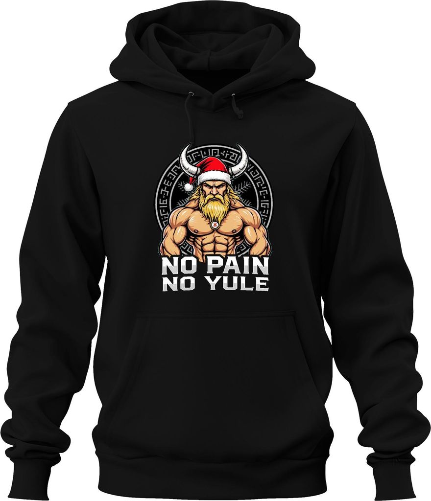 NO PAIN NO YULE Wikinger muskulös Weihnachtsmann Fitness Retro Uni Hoodie Kapuzenpullover, Schwarz, XXL