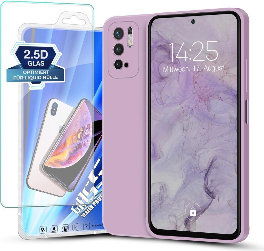 Hülle für Xiaomi Redmi Note 10 5G mit 9H Displayglas Displayschutz Plus Case Cover Bumper Silikon Softgrip Schutzhülle Farbe: Lila