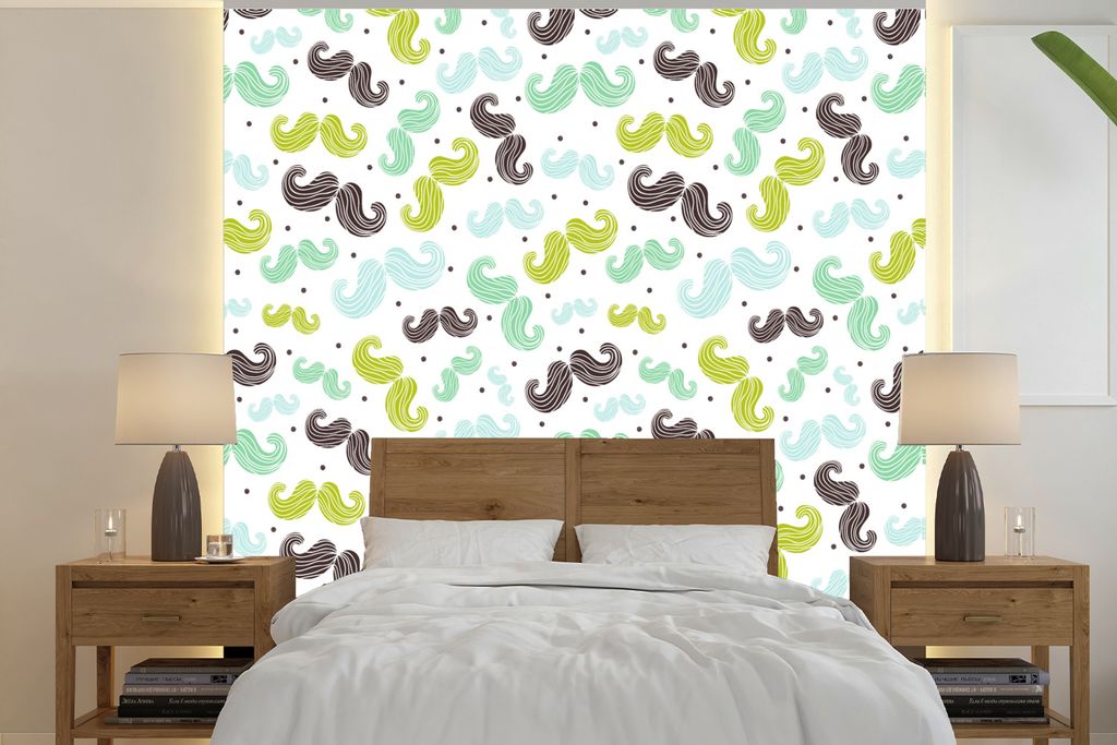 MuchoWow Fototapete für Wohnzimmer oder Schlafzimmer Wandtapete Vinyl Motivtapete Muster - Schnurrbart - Farben - Jungen - Kinder - Kleiner Jung...
