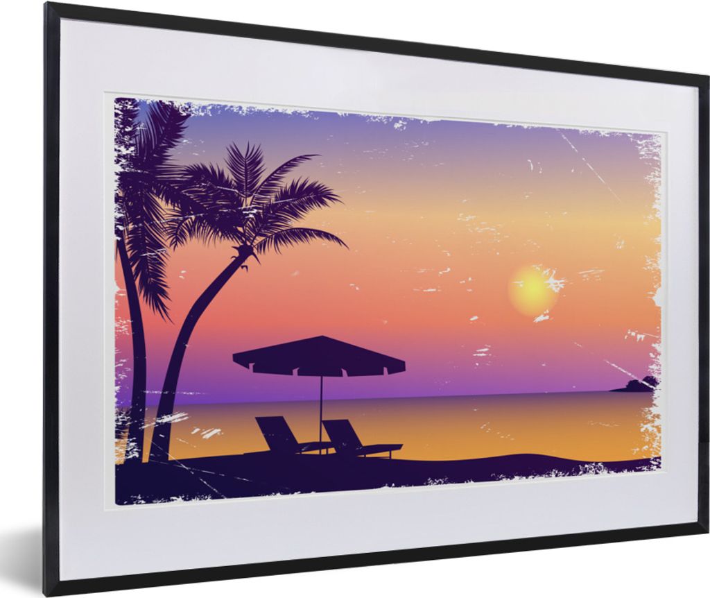 MuchoWow MuchoWow Gerahmtes Poster Strand - Stuhl - Sonnenschirm - Nacht 60x40 cm - Poster mit zchwarzem Bilderrahmen - Schlafzimmer - Plakat i...