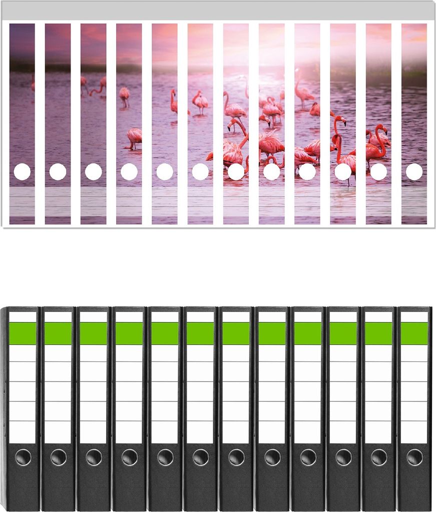 Wallario 12 Stück schmale Ordner inkl. Klebeetiketten mit Motive Rosa Flamingos bei Sonnenuntergang - Set mit Rückenschildern / Ordnerrücken St...