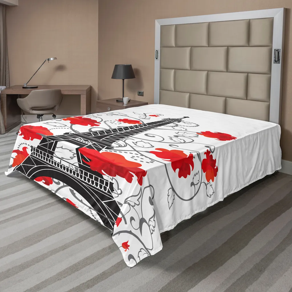 Drap Plat Doux Tour Eiffel avec Fleurs Bouclées Noir et Vermillon
