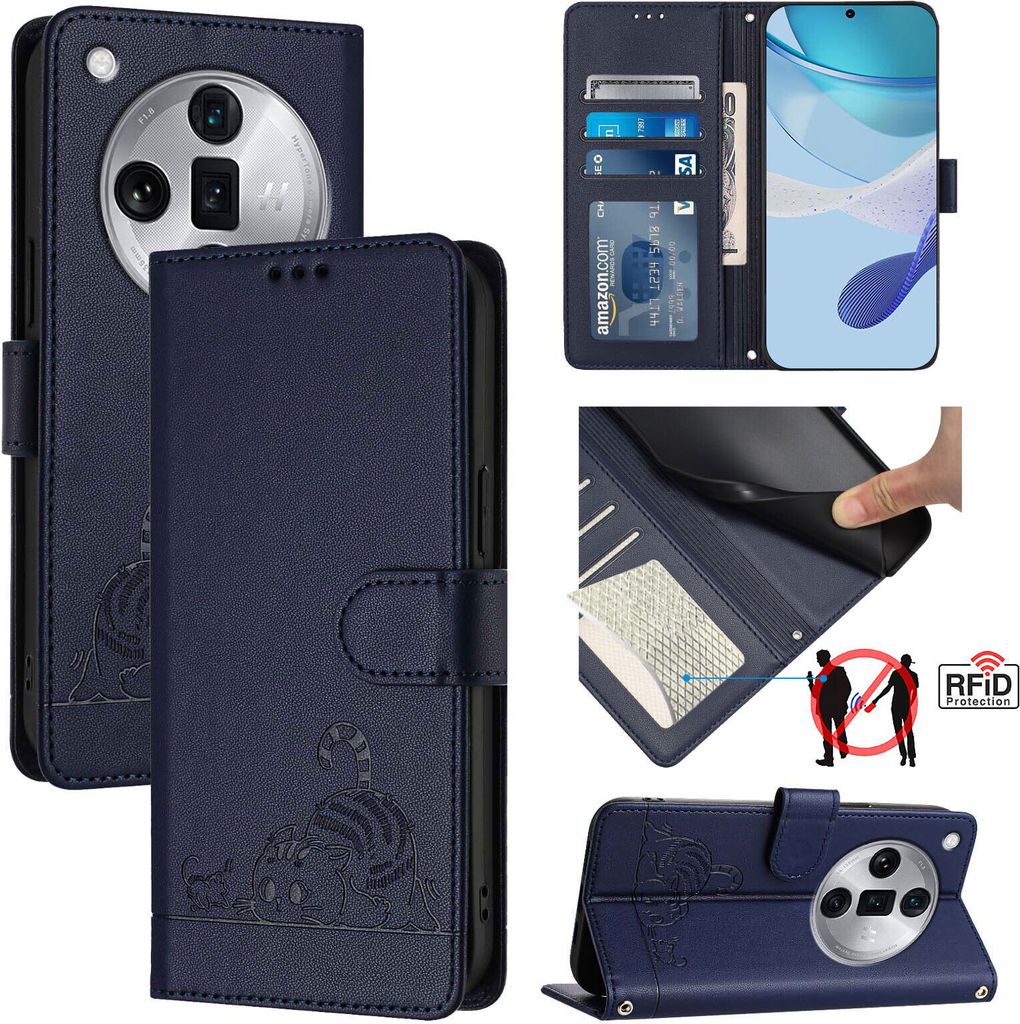 Leder Hülle für Oppo Find X7 Ultra Süße Katze Flip Case Brieftasche Schutzhülle mit Standfunktion Blau