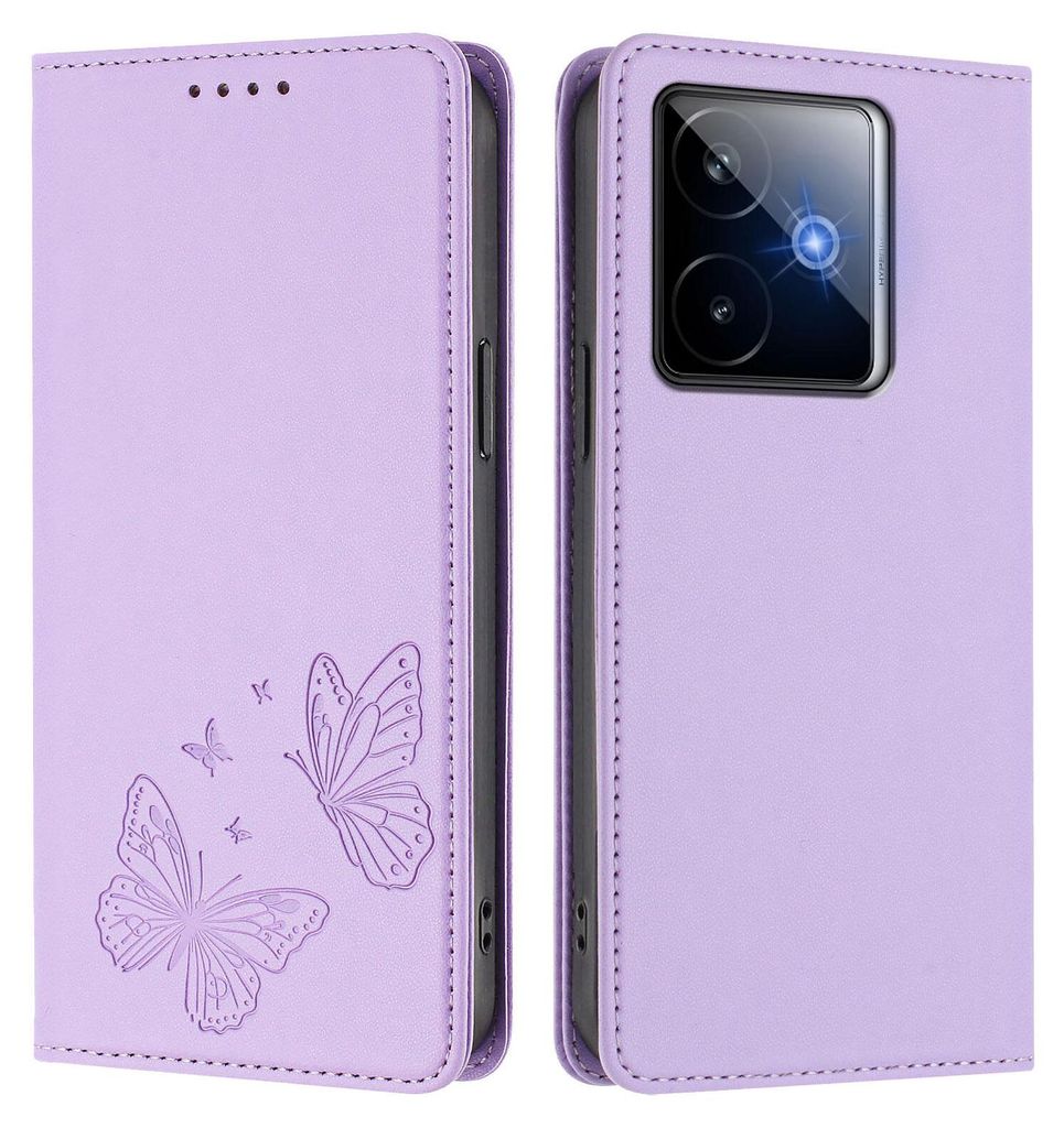 Lederhülle für Realme GT 7, Schmetterling Prägung Leder Brieftasche Schutzhülle mit Ständer Violett