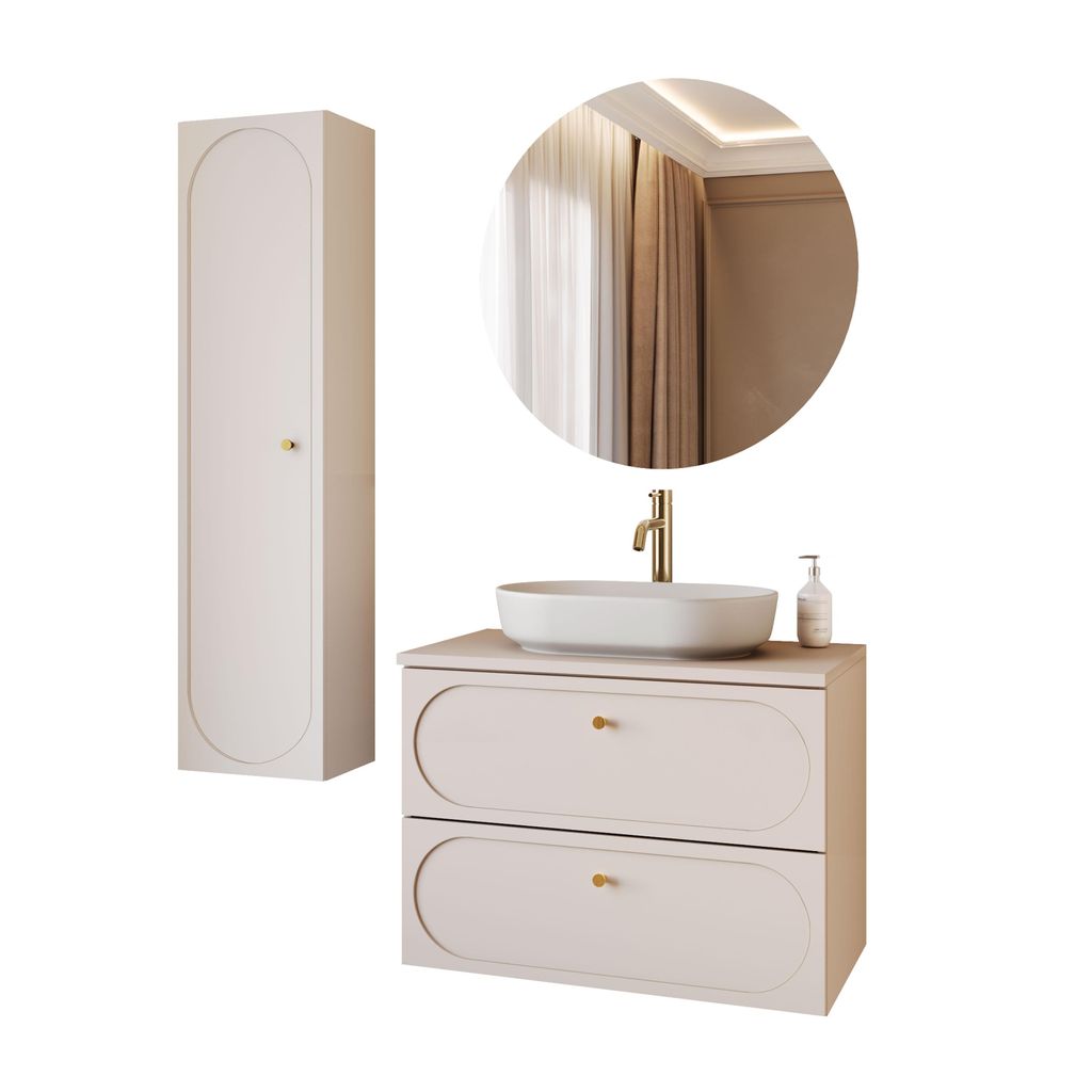 Badezimmer-Set IVORY, Spiegel, Armatur – Besco – Goldene Batterie, WASCHBECKEN COMAD oval, Schrankgröße – 80 cm