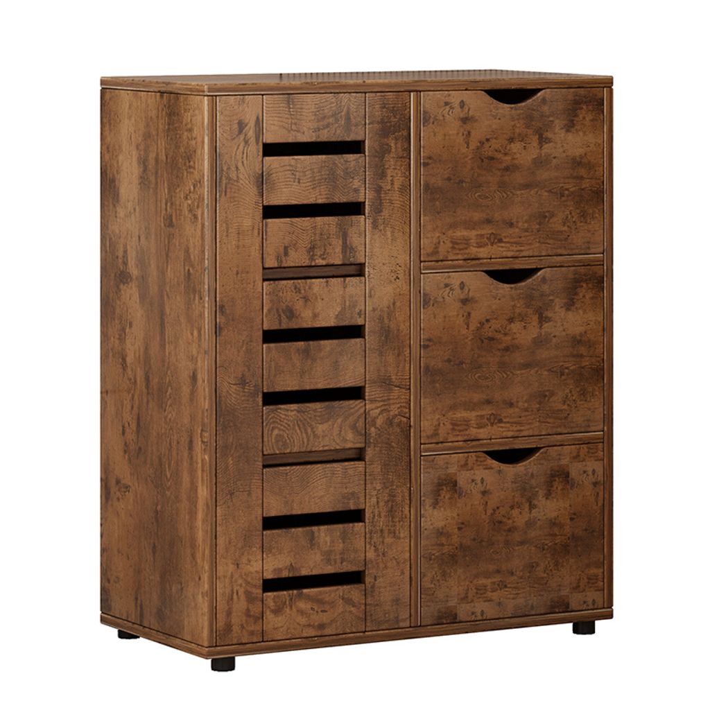 A wooden cabinet with multiple drawers and shelves, presented against a white background.
