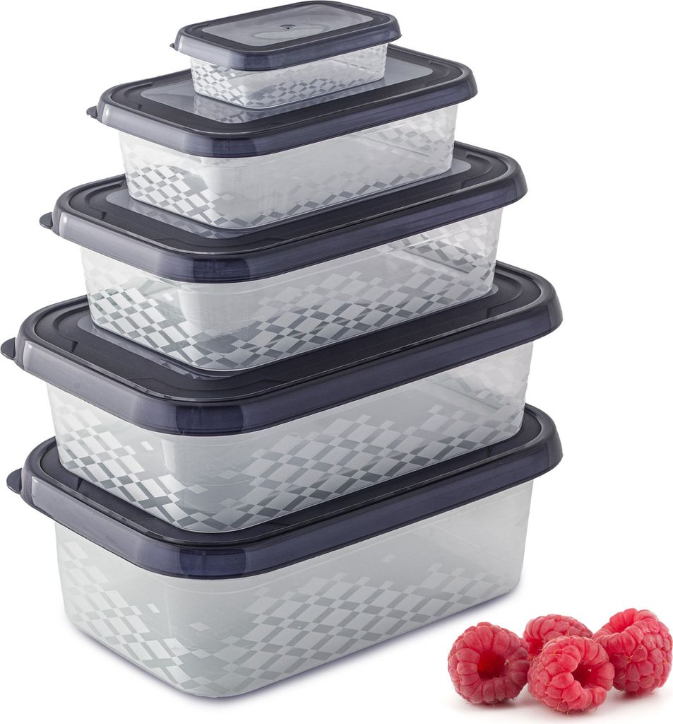 A set of five clear plastic food storage containers with dark gray lids, stacked on a white background. Three raspberries are in the lower right corner.