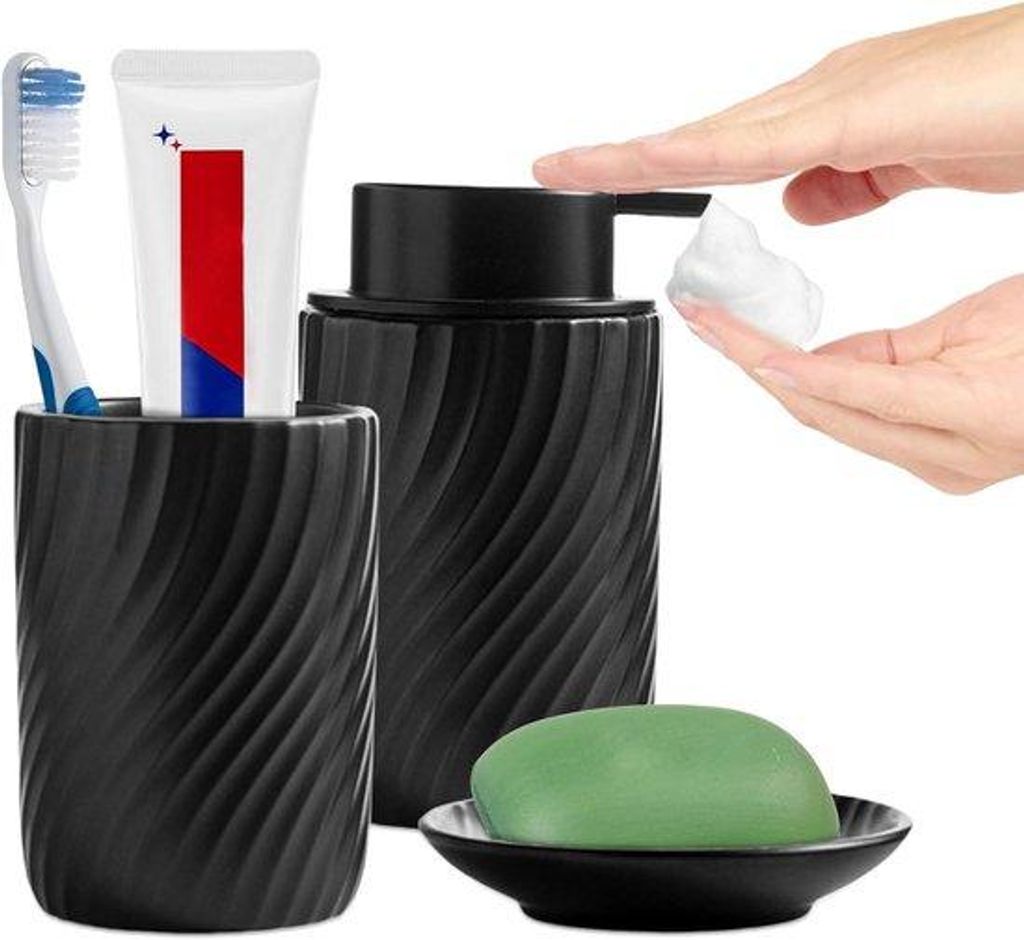 Famanu Keramisches Badezimmeraccessoireset, 4-teiliges Seifenspender-Set, schwarz