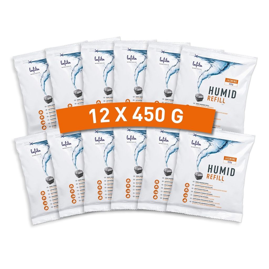 12x Lafita Luftentfeuchter Nachfüllung - 450 Gramm - Jasminduft - Granulat - Feuchtigkeit Absorber Nachfüllpack