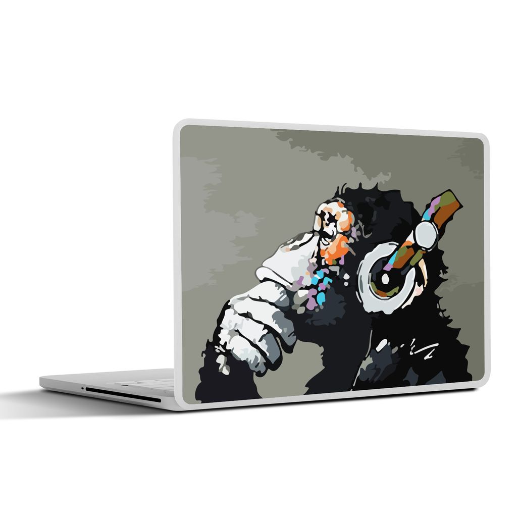 MuchoWow Laptop Aufkleber Sticker Cover Gemälde - Affe - Kopfhörer - Ölfarbe 36.5x27.5 cm - Laptop-Sticker