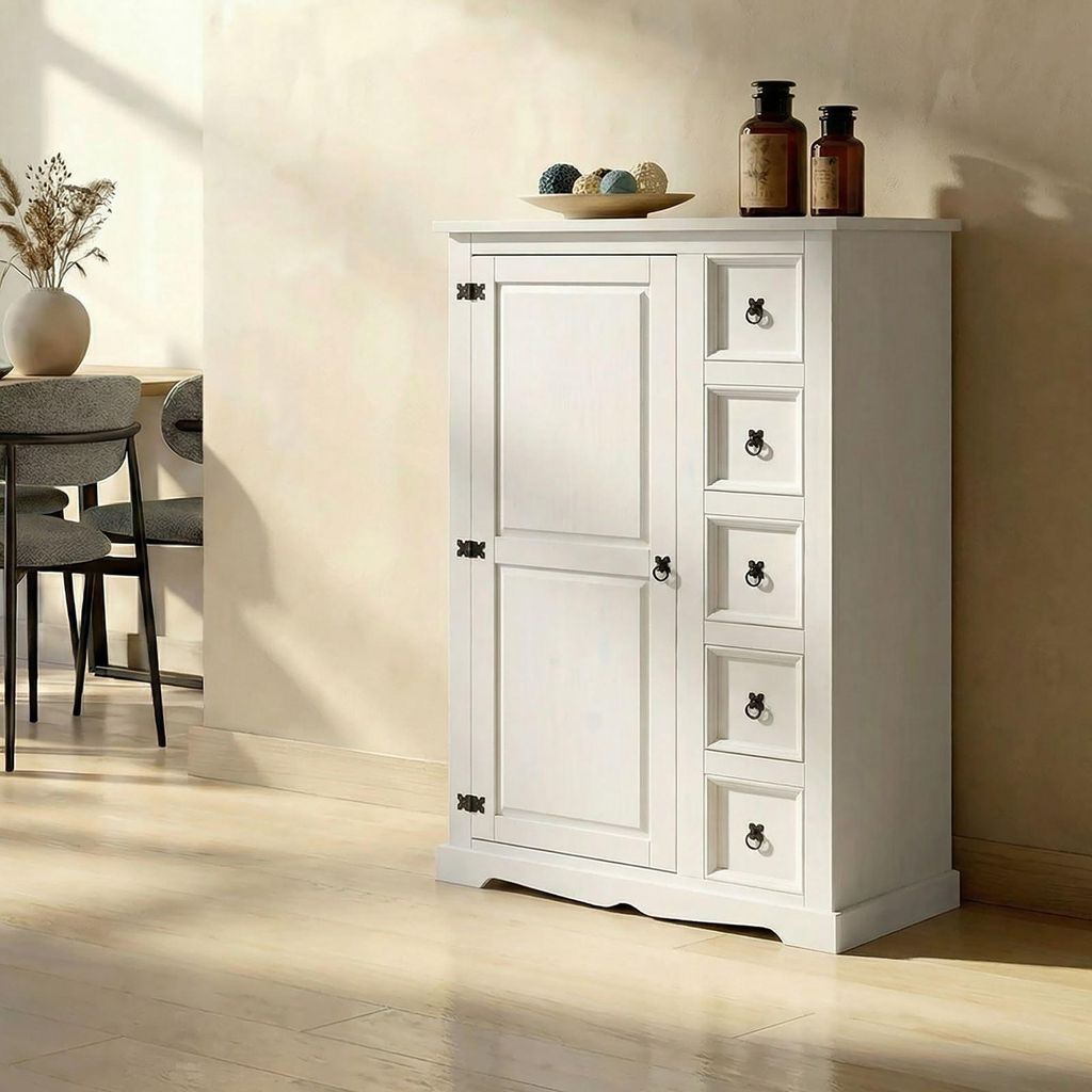 Kommode TEQUILA 5 Schubladen weiß Highboard Kiefernholz massiv 2 verstellbare Einlegeböden Esszimmermöbel Zierbeschläge schwarz. Schubladenschr...