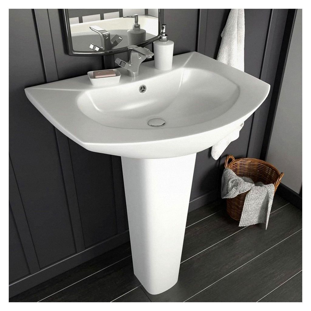 Waschbecken aus Keramik mit Säule, weiß, 650x520x200mm, freistehend, Überlauf, 45mm Abfluss, 35mm Hahnloch