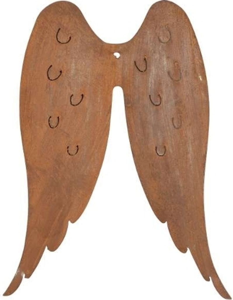 A pair of rusty metal angel wings.
