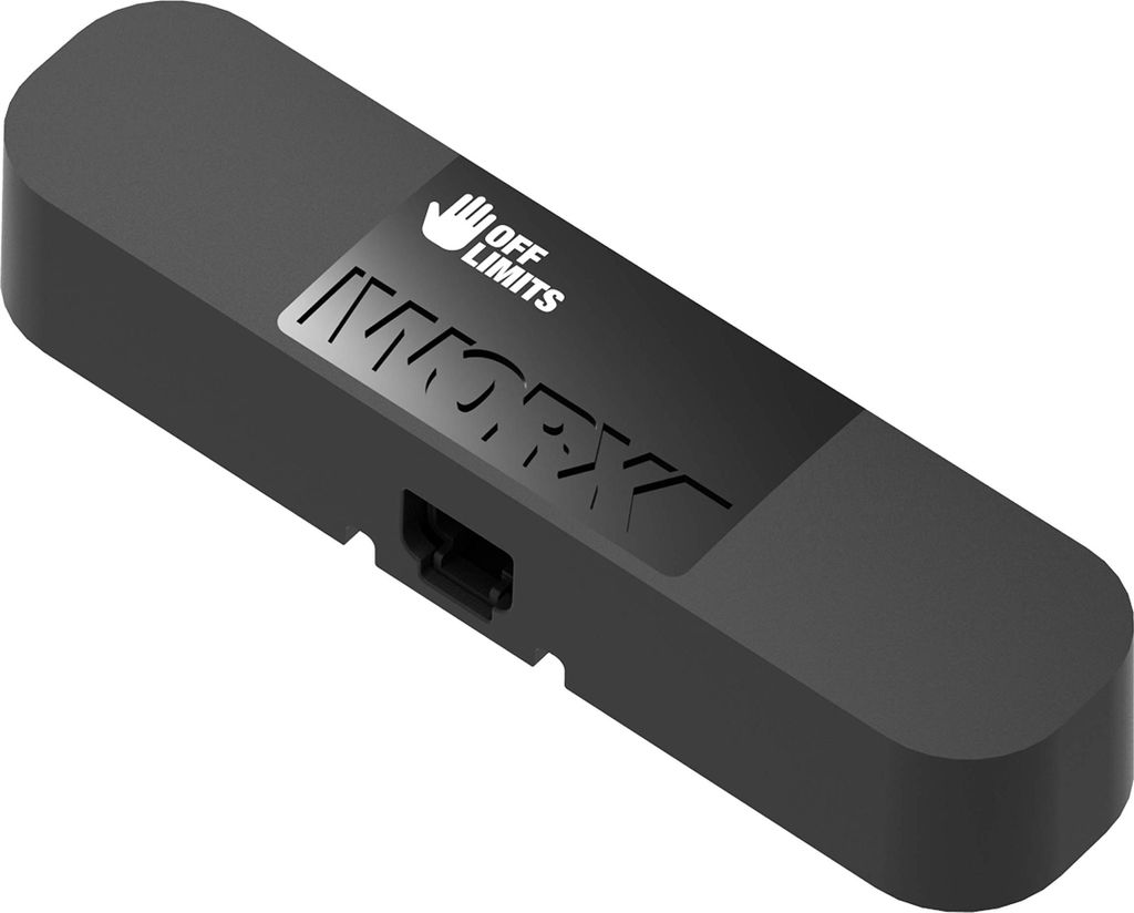 A black electronic device with branding and a port.