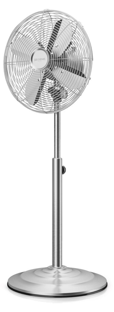 A silver stand fan is shown against a white background.