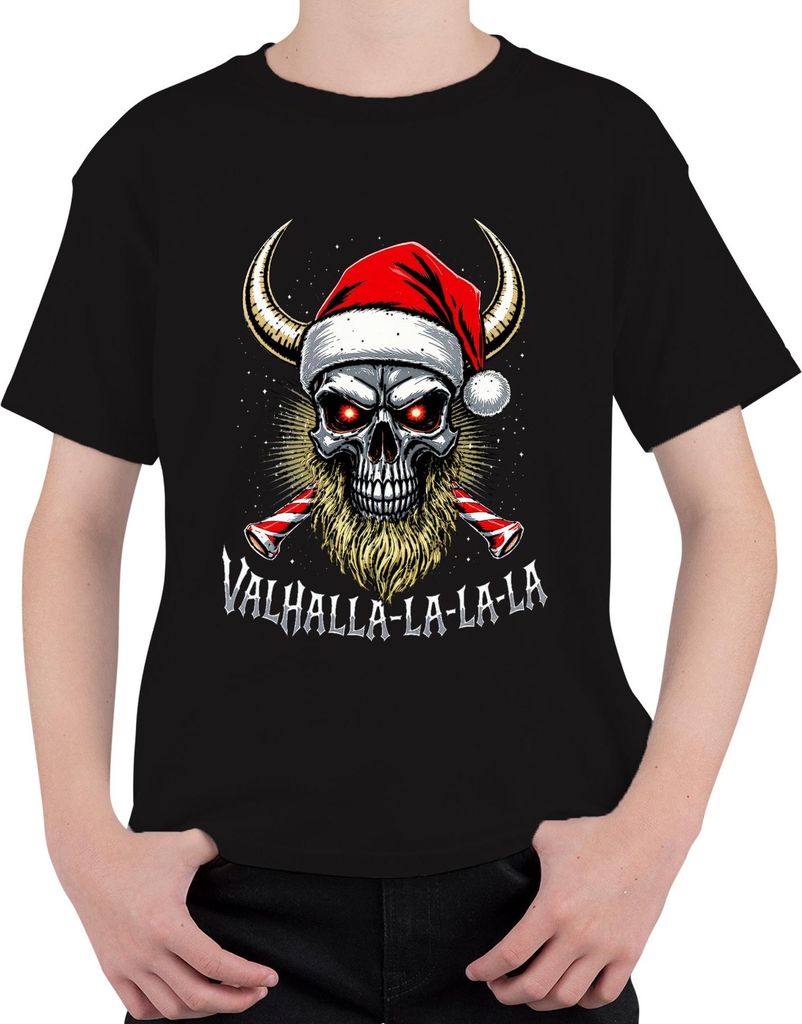 Valhalla La La La Wikinger Totenkopf Bart Santa Weihnachten Uni Kinder T-Shirt, Schwarz, 152