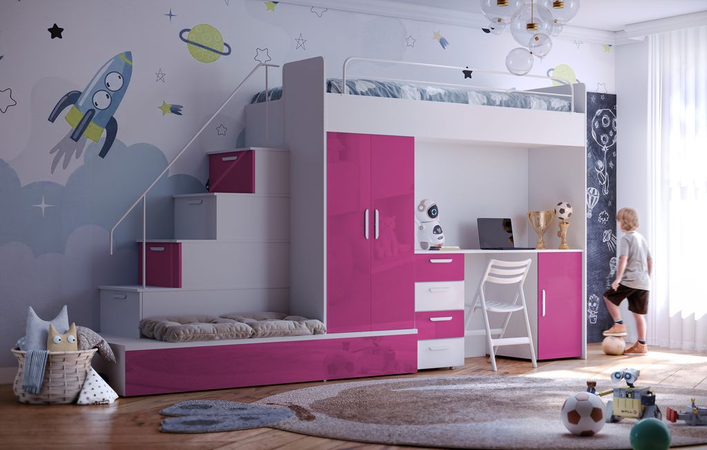 Etagenbett FELIX 5, Hochglanz Kinderbett, Hochbett, OHNE Matratze und Lattenrost( Weiß + Rosa , Glanz)