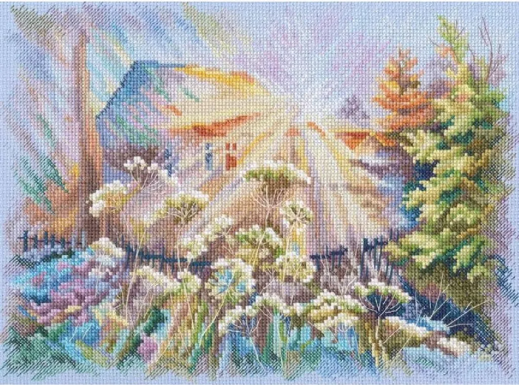 Kit broderie point de croix compté RTO motif paysage ensoleillé complet
