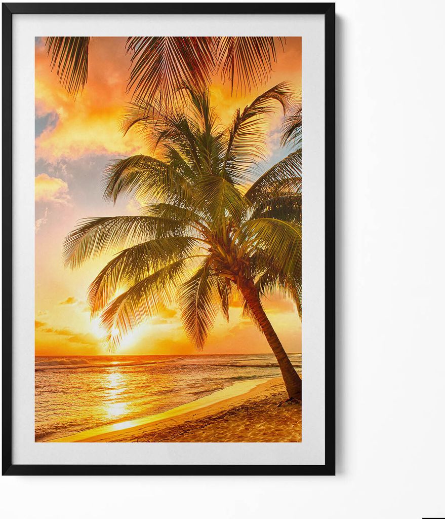 Palme am Strand bei Sonnenuntergang– Wandbild mit Rahmen – Gerahmtes Bild – Wanddekoration – 70x100 cm – Schwarz Rahmen