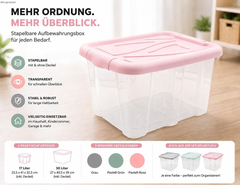 Aufbewahrungsbox mit Deckel 17 Liter Rosa – Stapelbare Kunststoffbox