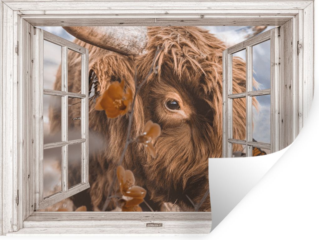 MuchoWow Wandtattoo Wandsticker Wandaufkleber Scottish Highlander - Ansicht - Schmetterling 120x90 cm Selbstklebend und Repositionierbar - Aufkleber