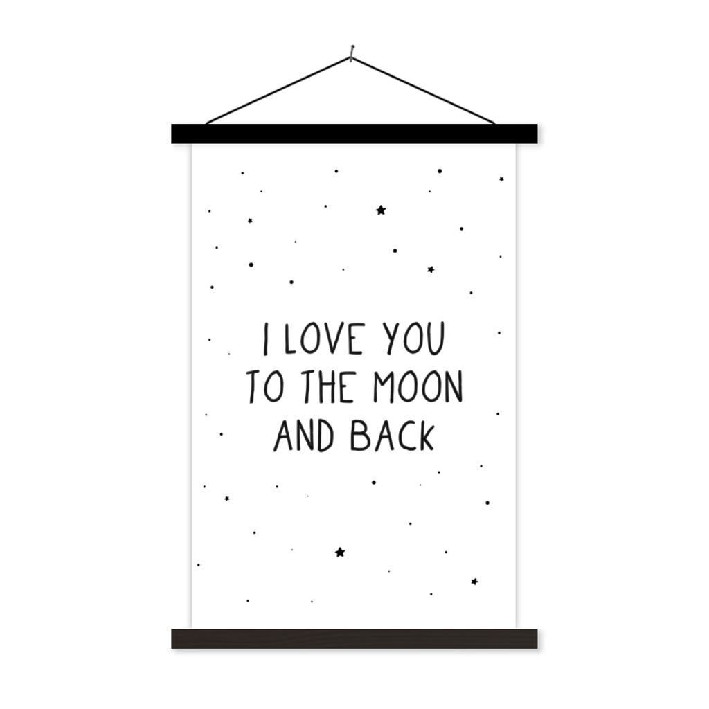 MuchoWow Textilposter Zitate - Ich liebe dich bis zum Mond und zurück - Baby - Liebe - Sprichwörter 60x90 cm mit schwarzem Rahmen - Poster Wohn...