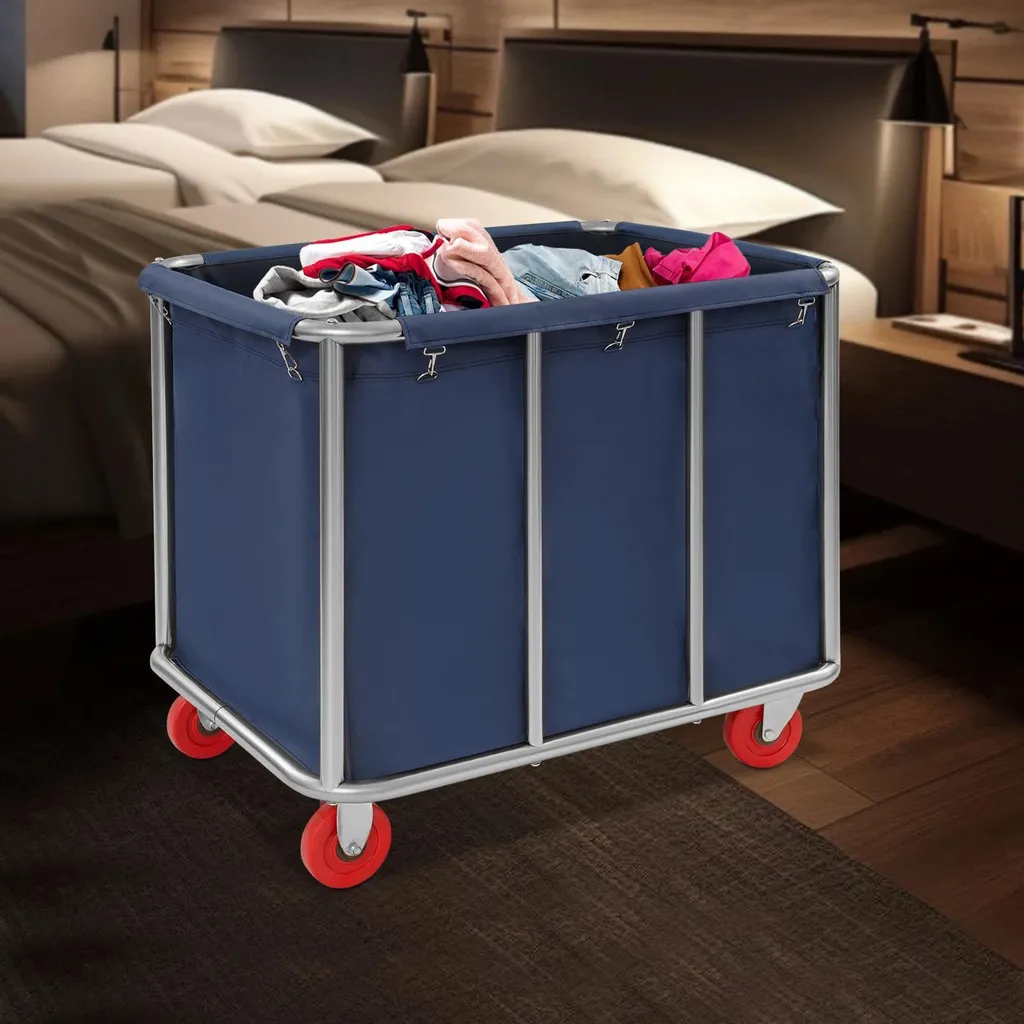 Chariot à linge roulant 200kg en inox et tissu Oxford bleu - Modèle Pro