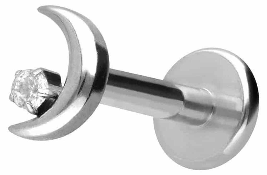 Ohrpiercing, Nasenpiercing Titan Labret mit Innengewinde MOND + KRISTALL Silber Stablänge: 7mm | Stabstärke: 1,6mm