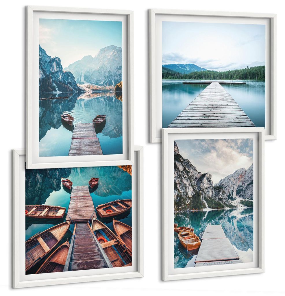 Bilder Set 4-teilig im Goldrahmen Rahmen – Wandbilder 4 Stück – gerahmte Poster für Wohnzimmer, Schlafzimmer und Flur – 50x50 cm - 40x60 cm...