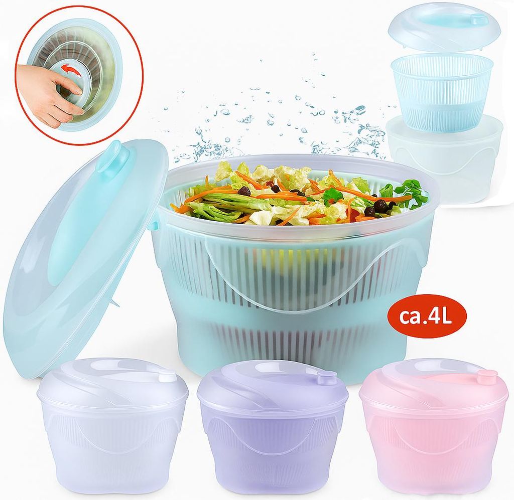Salatschleuder mit Kurbel 4,5L – BPA-frei, mit Deckel & Sieb – trocknet Salat, Gemüse & Obst – aus hochwertigem Kunststoff, spülmaschinenge...