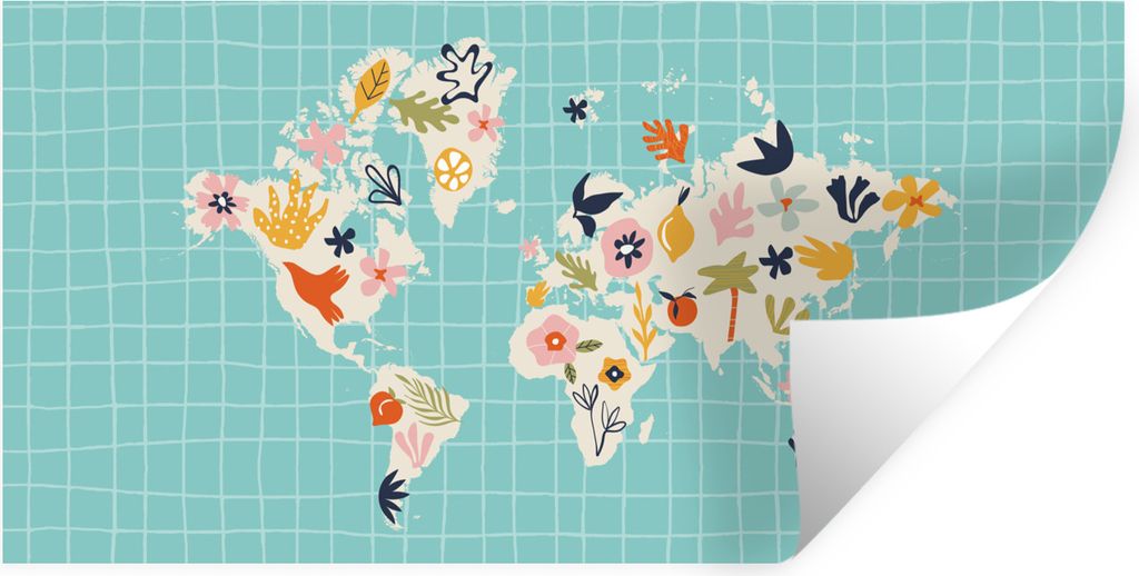 MuchoWow Wandtattoo Wandsticker Wandaufkleber Kinderzimmer - Weltkarte - Blumen - Obst 160x80 cm Selbstklebend und Repositionierbar - Sticker - D...