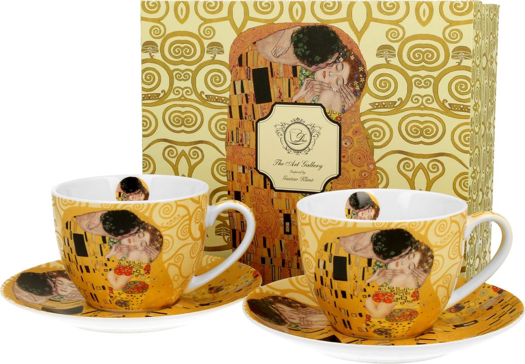 DUO ART GALLERY 2er-Set Tassen 250 ml THE KISS ECRU mit Untertassen, New Bone China Porzellan