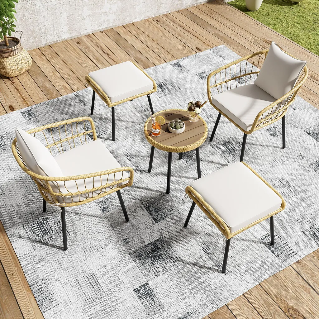 OKWISH Salon de Jardin 5 Pièces en Rotin Blanc avec Table et 2 Poufs