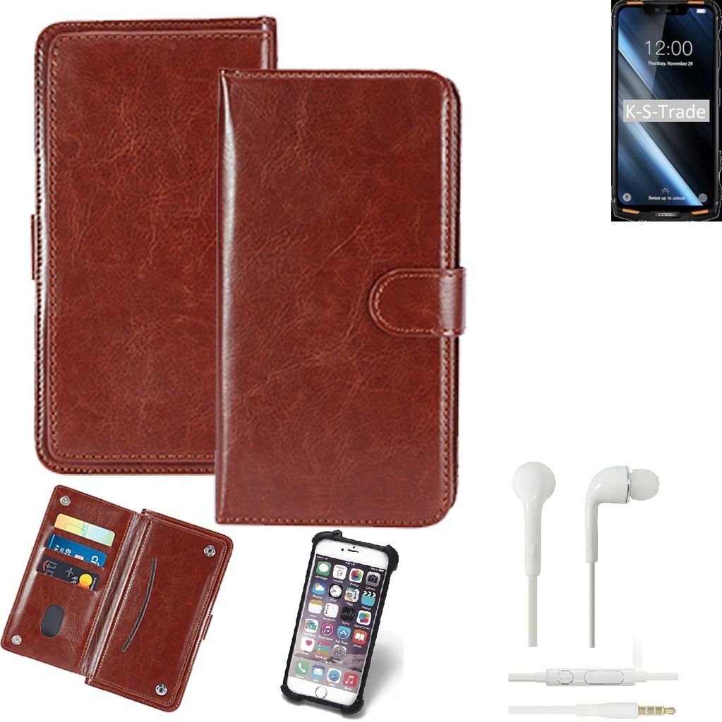 K-S-Trade 360° Hülle kompatibel mit Doogee S90 inkl. Headphones braun Kunstleder Case BookCase WalletCase Kunstlederederhülle Handyhülle,