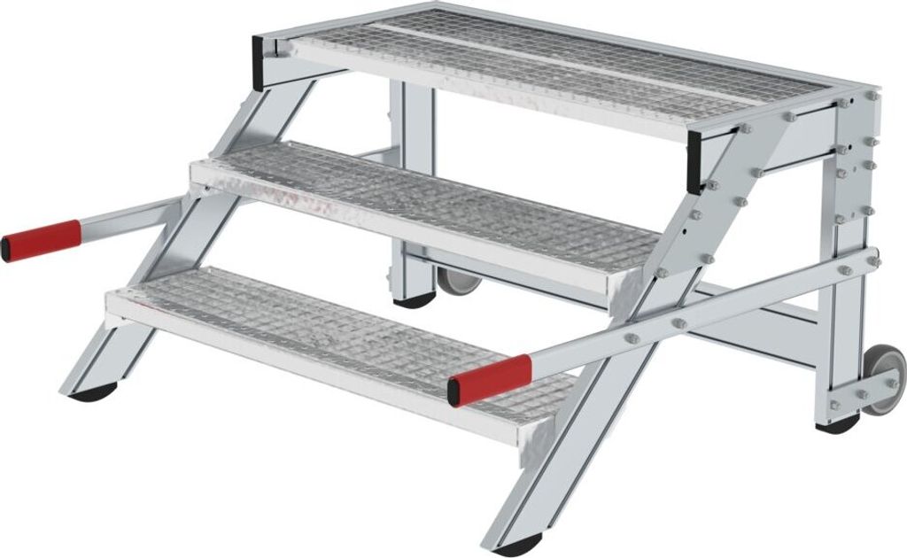 Arbeitspodest fahrbar | Stufenbreite 100cm | 3 Stufen | Stahl-Gitterros | Rutschfeste Kunststoffschuhe