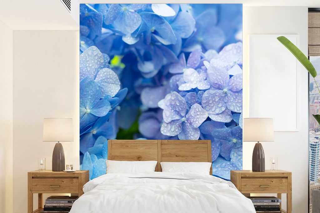 MuchoWow Fototapete für Wohnzimmer oder Schlafzimmer Wandtapete Vinyl Motivtapete Hortensie - Wassertropfen - Floral - Botanisch - Blau - 205x28...