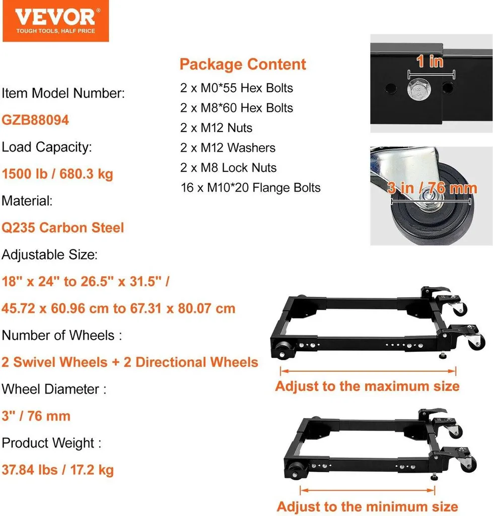 Support mobile robuste 1500 lb avec roues pivotantes et cadre extensible - 7