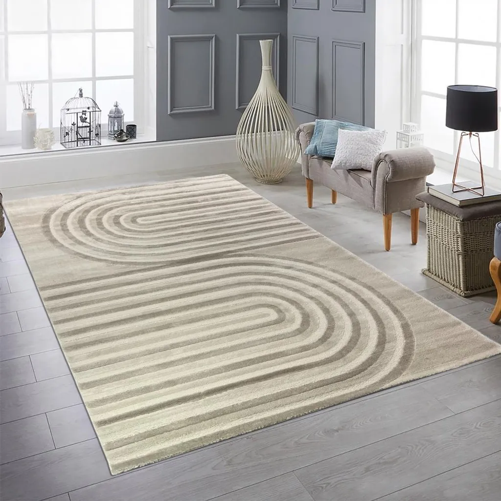 Tapis à poils courts crème et beige 80x150 cm rayé au design moderne