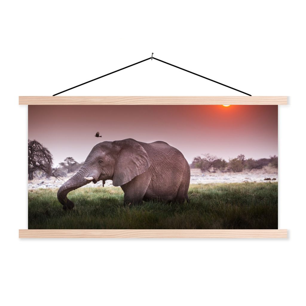 MuchoWow Textilposter Elefant - Gras - Sonne - Tiere 120x60 cm mit holzfarbenen Rahmen - Klemmleiste