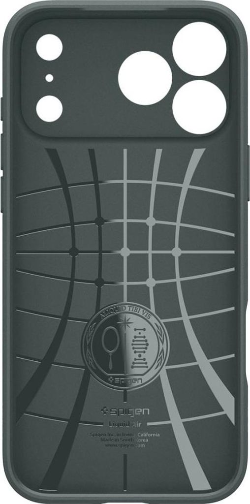 The back of a dark gray phone case with a grid pattern and a circular logo.