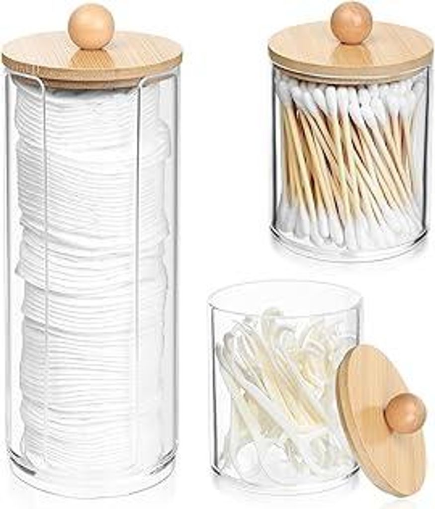 3 Stk Wattestäbchen Behälter, Wattepadspender, Wattepads Aufbewahrungbox, Wattestäbchen Halter mit Bambusdeckel für Wattebällchen Kosmetik Beh...