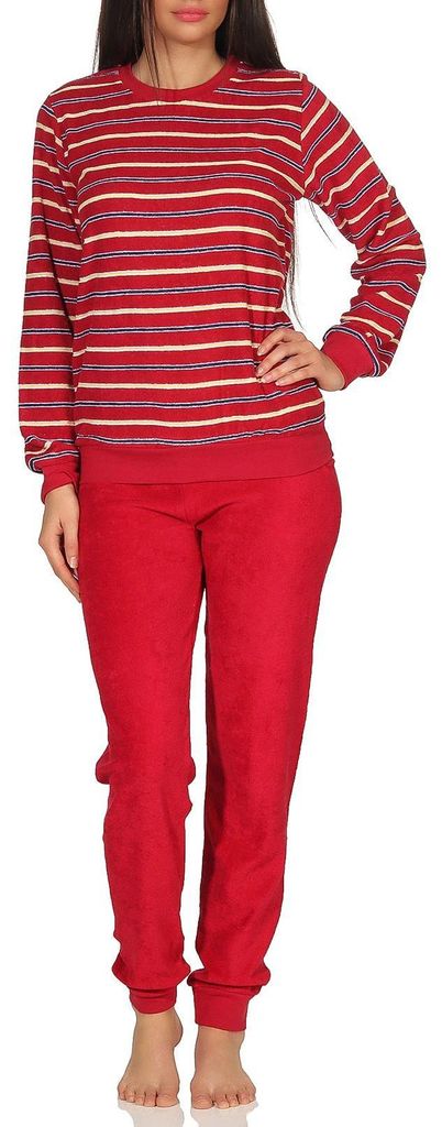 Kuscheliger Frottee Pyjama für Damen mit Bündchen und geringelten Oberteil - 291 13 772 ; rot , 36/38
